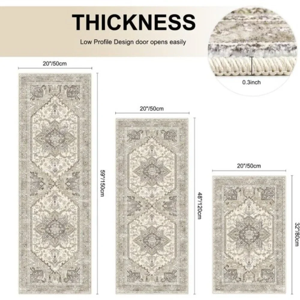 New 3-Piece Kitchen Rug Set, Washable Non-Slip Mats with Rubber Back, Beige/Grey